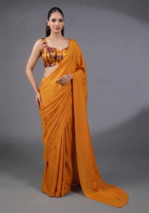 Orange Tie and Dye Satin Pre Draped Saree Set