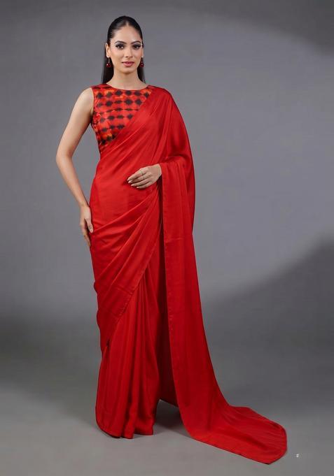 Red Printed Satin Pre Draped Saree Set