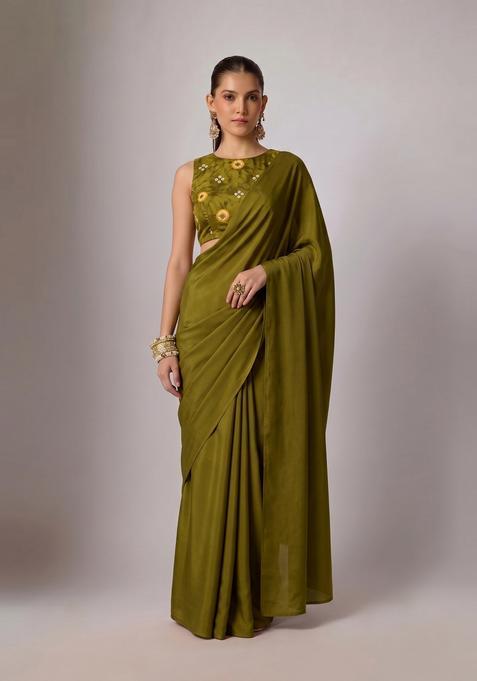 Olive Green Printed Satin Pre Draped Saree Set
