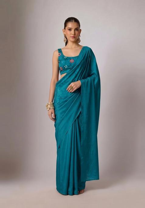 Teal Printed Satin Pre Draped Saree Set