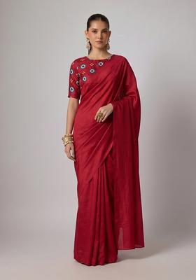 Maroon Printed Satin Pre Draped Saree Set