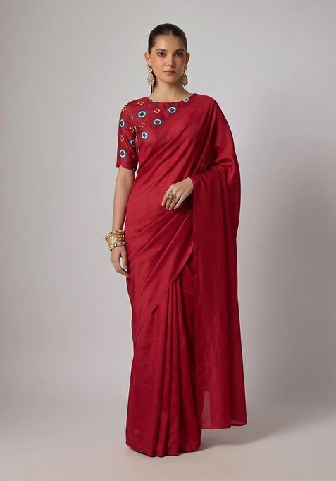 Maroon Printed Satin Pre Draped Saree Set