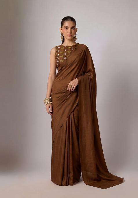 Brown Printed Satin Pre Draped Saree Set