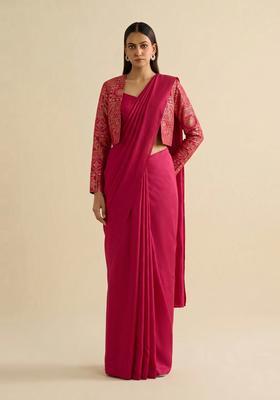Dark Pink Printed Silk Blend Pre Draped Saree Set