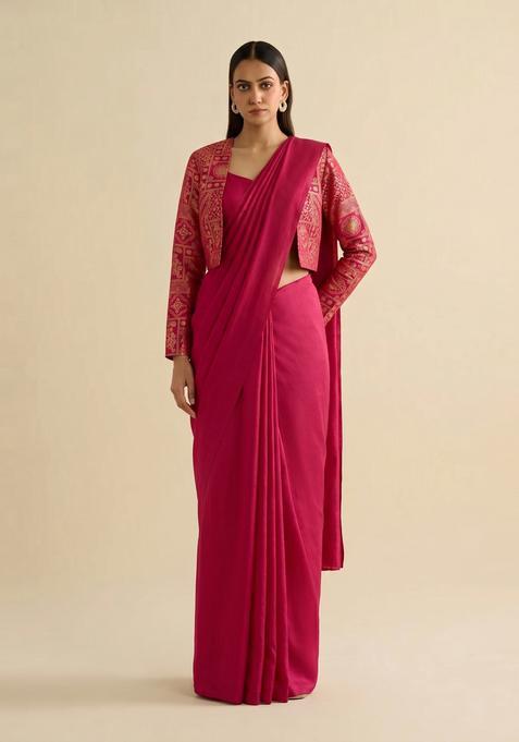 Dark Pink Printed Silk Pre Draped Saree Set