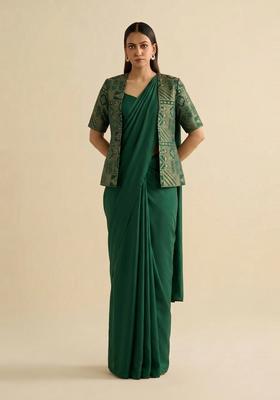 Dark Green Printed Silk Blend Pre Draped Saree Set