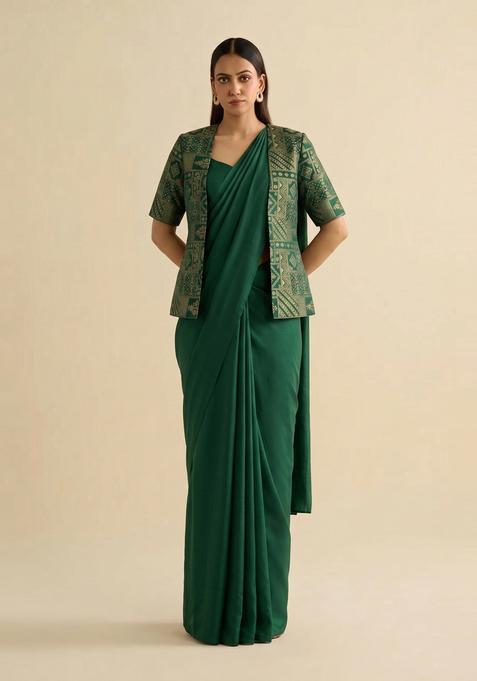 Dark Green Printed Silk Pre Draped Saree Set