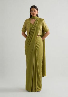 Olive Green Printed Silk Blend Pre Draped Saree Set