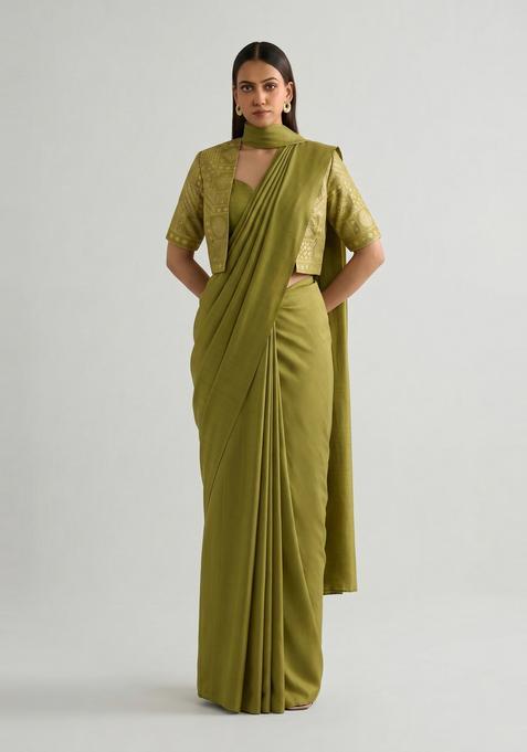 Olive Green Printed Silk Pre Draped Saree Set