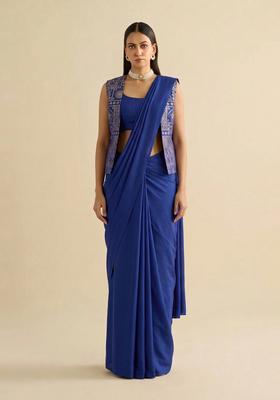 Royal Blue Printed Silk Blend Pre Draped Saree Set