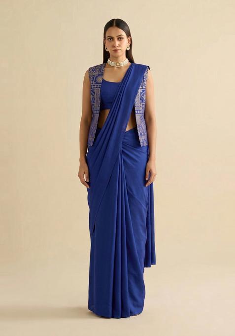 Royal Blue Printed Silk Pre Draped Saree Set