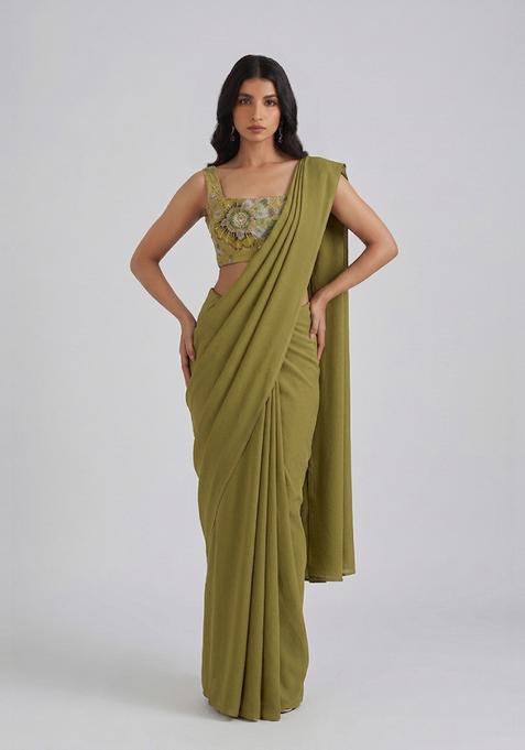 Olive Green Embroidered Organza Pre Draped Saree Set