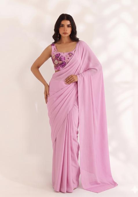 Lavender Embroidered Organza Pre Draped Saree Set