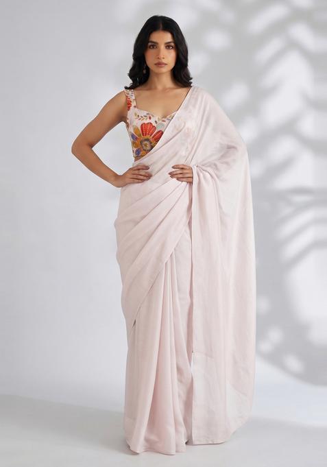 White Embroidered Organza Pre Draped Saree Set
