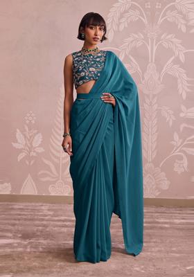 Deep Teal Embroidered Tissue Pre Draped Saree Set