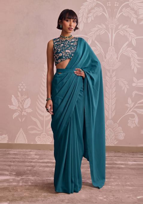 Deep Teal Embroidered Tissue Pre Draped Saree Set