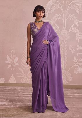 Royal Purple Embroidered Tissue Pre Draped Saree Set