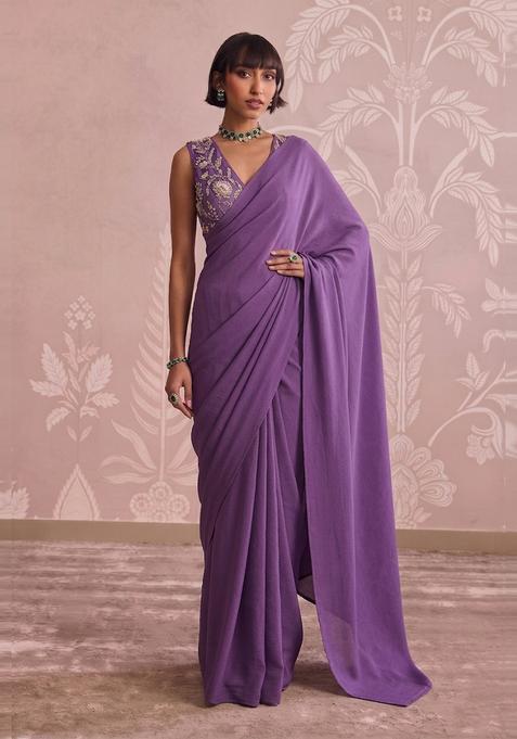 Royal Purple Embroidered Tissue Pre Draped Saree Set