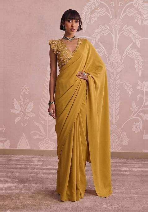 Mustard Yellow Embroidered Tissue Pre Draped Saree Set