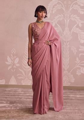 Dusty Pink Embroidered Tissue Pre Draped Saree Set
