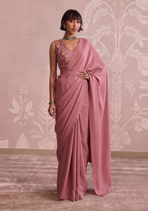 Dusty Pink Embroidered Tissue Pre Draped Saree Set