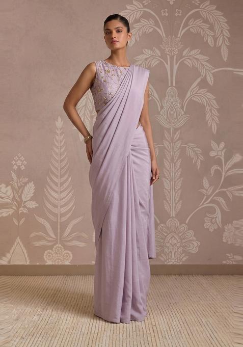 Lavender Embroidered Tissue Pre Draped Saree Set