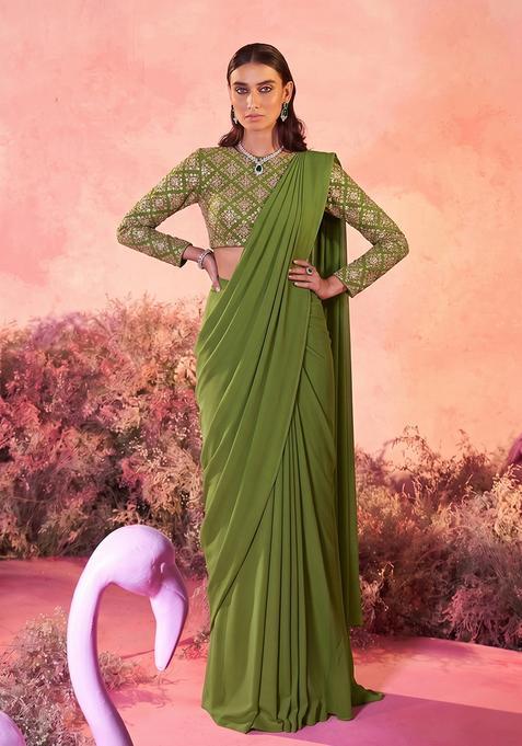 Olive Green Embroidered Crepe Pre Draped Saree Set