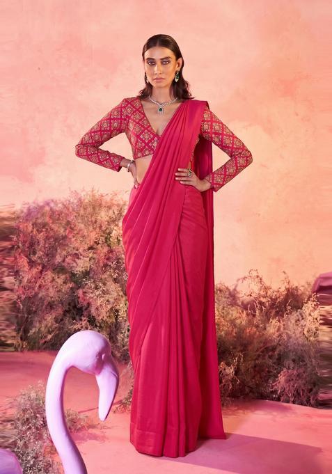 Hot Pink Embroidered Crepe Pre Draped Saree Set
