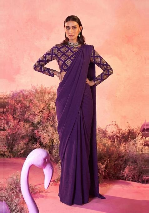 Deep Purple Embroidered Crepe Pre Draped Saree Set