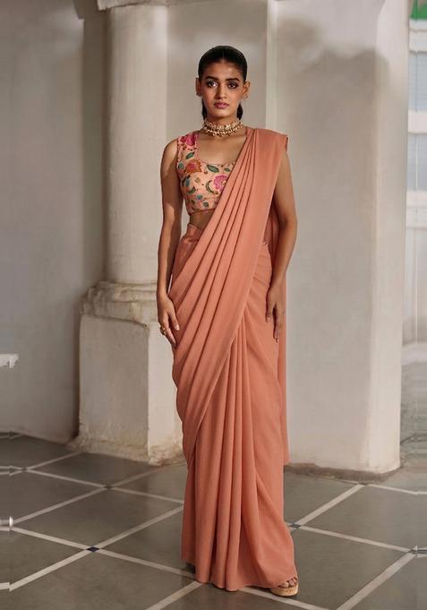 Peach Embroidered Organza Pre Draped Saree Set