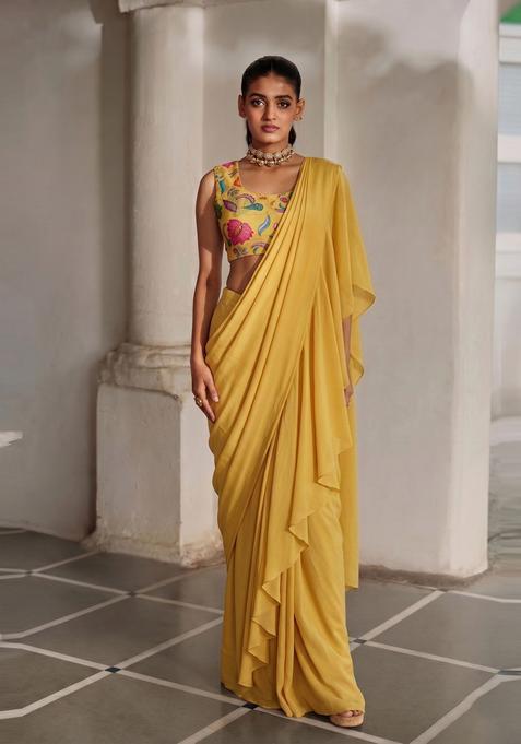 Mustard Yellow Embroidered Organza Pre Draped Saree Set