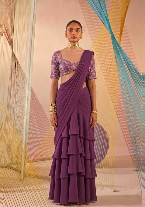 Lavender Printed Crepe Pre Draped Saree Set