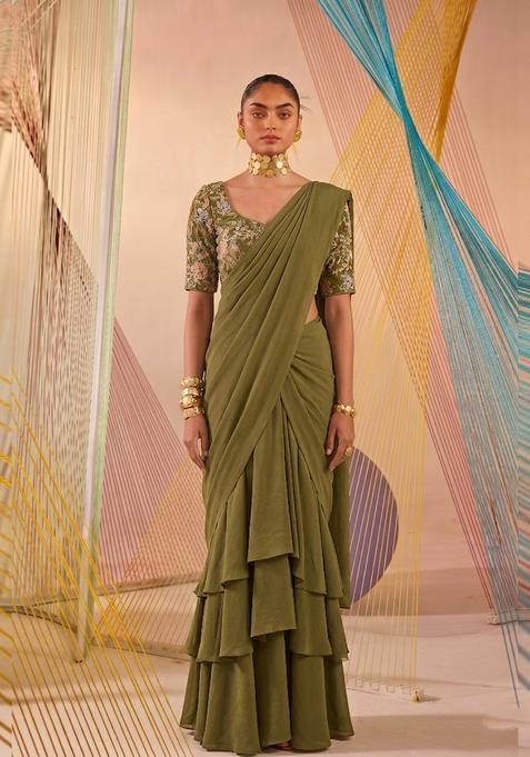 Olive Green Printed Crepe Pre Draped Saree Set