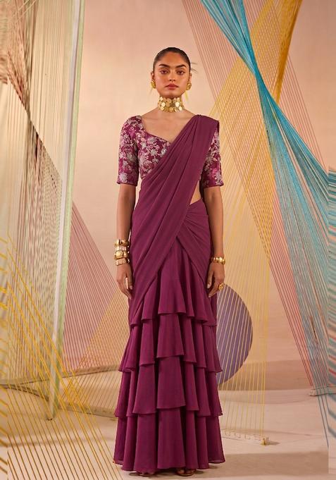 Deep Purple Printed Crepe Pre Draped Saree Set