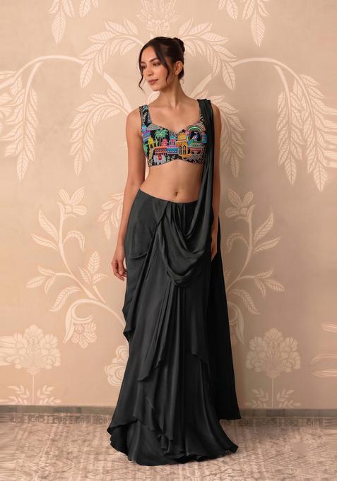 Black Embroidered Crepe Pre Draped Saree Set