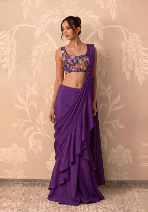 Violet Embroidered Crepe Pre Draped Saree Set