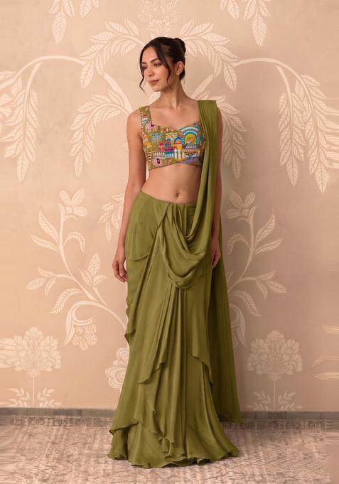 Olive Green Embroidered Crepe Pre Draped Saree Set
