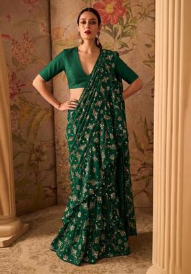 Bottle Green Embroidered Georgette Pre Draped Saree Set