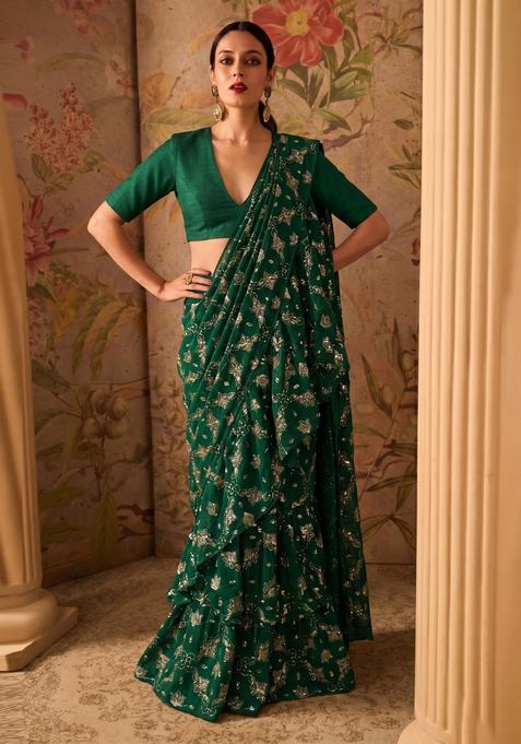 Bottle Green Embroidered Georgette Pre Draped Saree Set