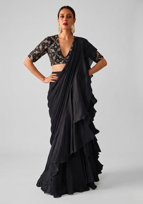 Black Printed Georgette Pre Draped Saree Set