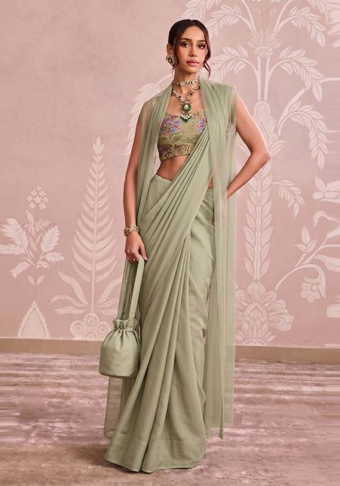 Pastel Green Embroidered Organza Pre Draped Saree Set