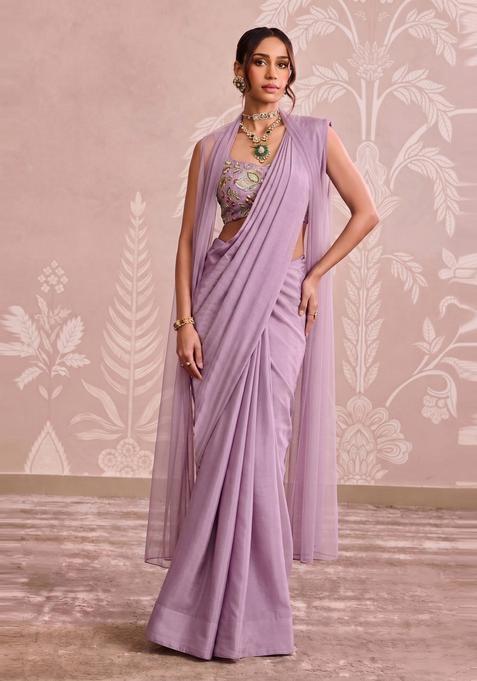 Lavender Embroidered Organza Pre Draped Saree Set