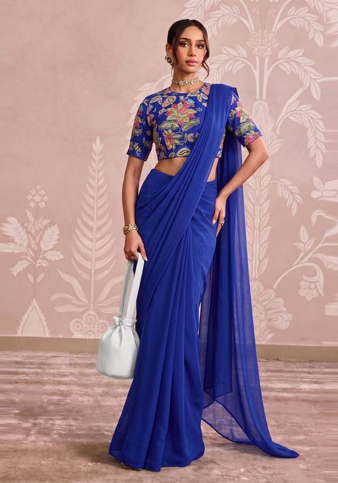 Royal Blue Embroidered Organza Pre Draped Saree Set