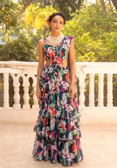 Multicolor Printed Organza Pre Draped Saree Set