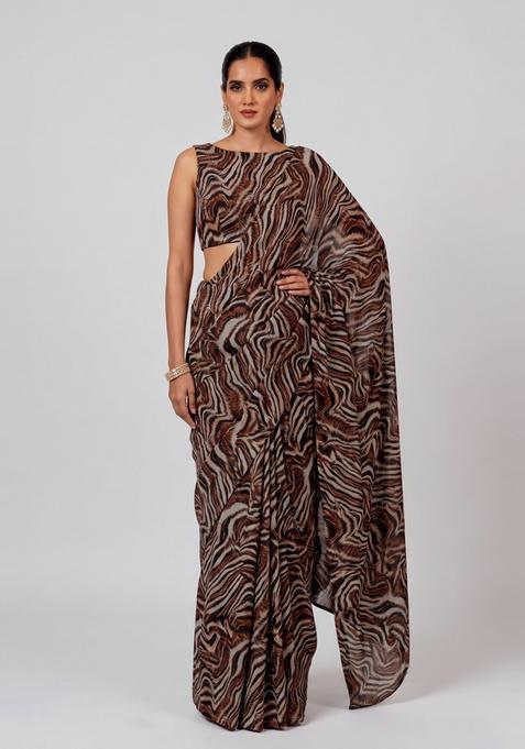 Brown Printed Pre Draped Saree Set