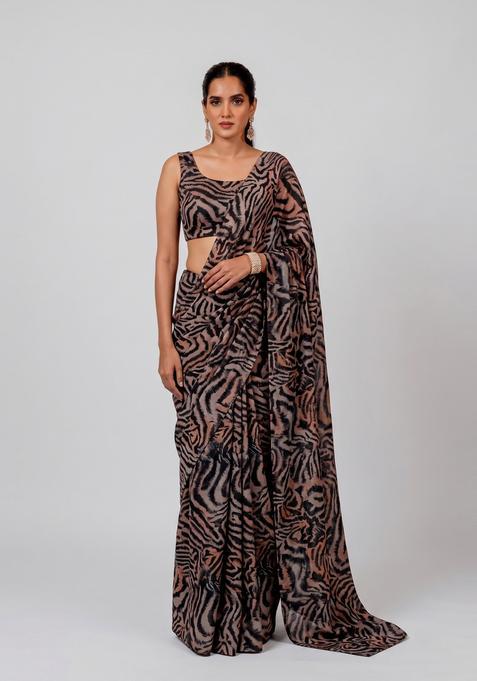 Brown Printed Georgette Pre Draped Saree Set