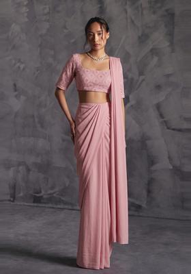 Dusty Pink Embroidered Georgette Pre Draped Saree Set