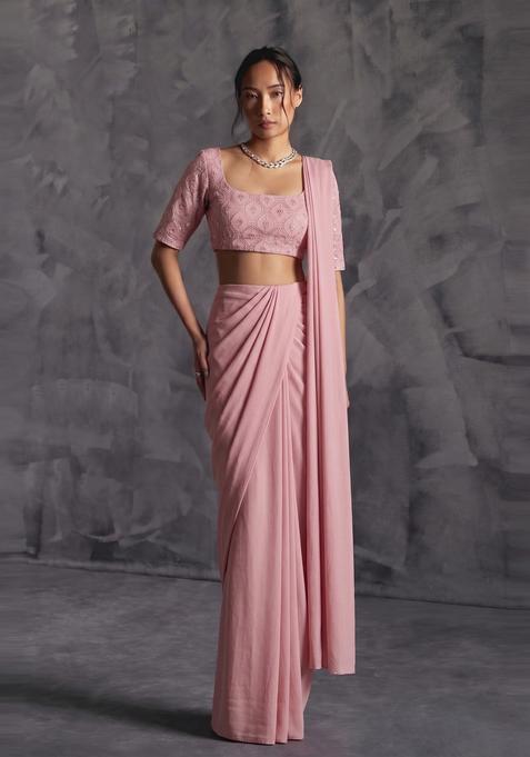 Dusty Pink Embroidered Georgette Pre Draped Saree Set