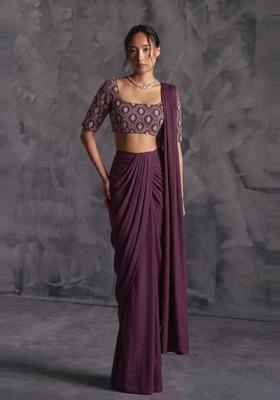 Deep Plum Printed Georgette Pre Draped Saree Set