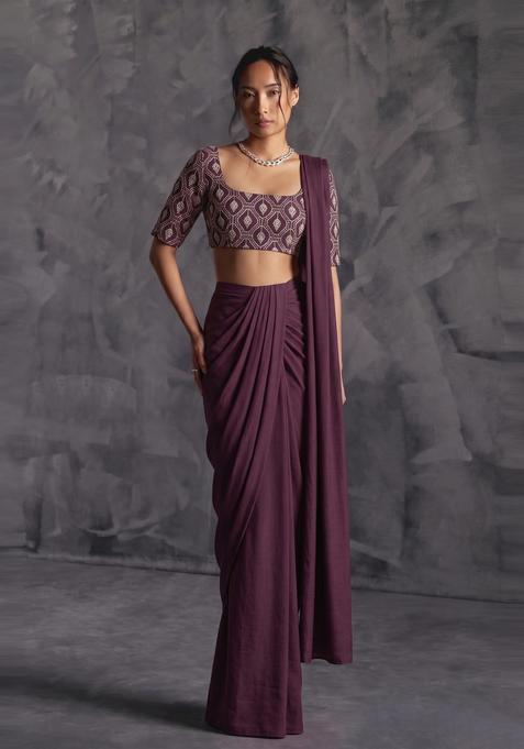 Deep Plum Printed Georgette Pre Draped Saree Set